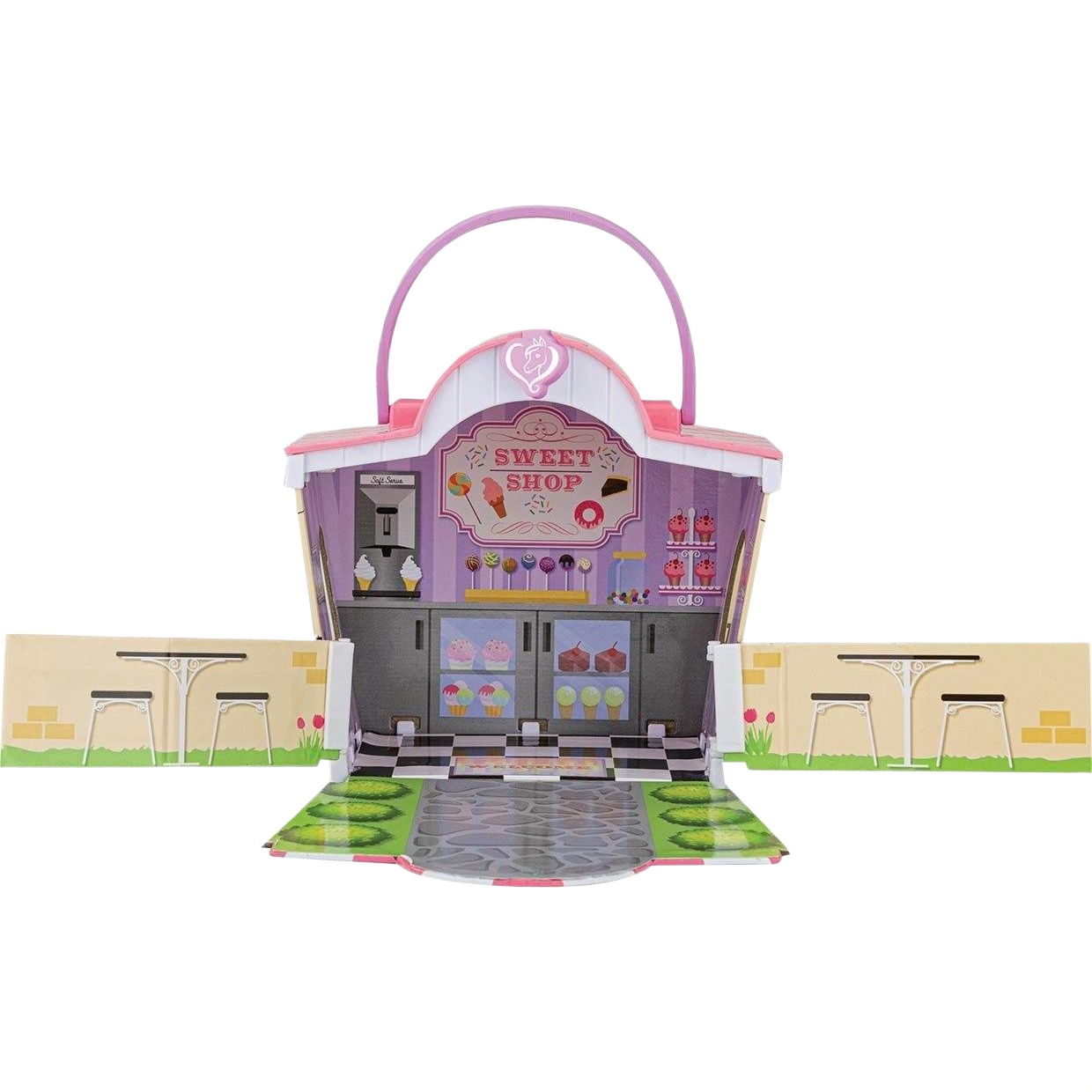Pink and white toy sweet shop playset with candy display and outdoor seating area details