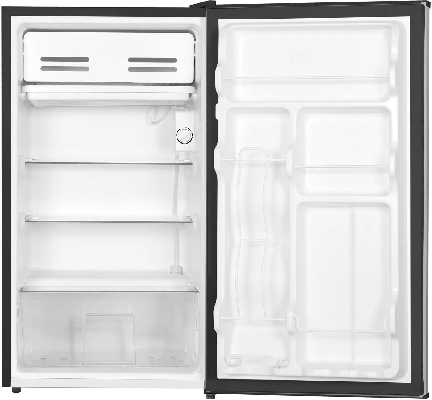 Compact refrigerator interior featuring adjustable glass shelves, a clear crisper drawer, door storage compartments, and freezer section, suitable for mini refrigerator and kitchen appliance collections.