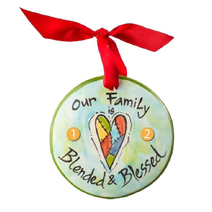 Hand-painted ceramic Christmas ornament with patchwork heart and "Our Family is Blended & Blessed" text under $50 collection