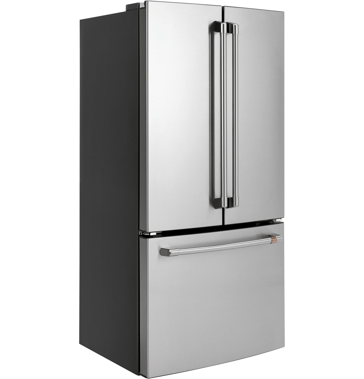 Counter-depth French-door refrigerator in stainless steel with bottom freezer and sleek handles in appliances collection