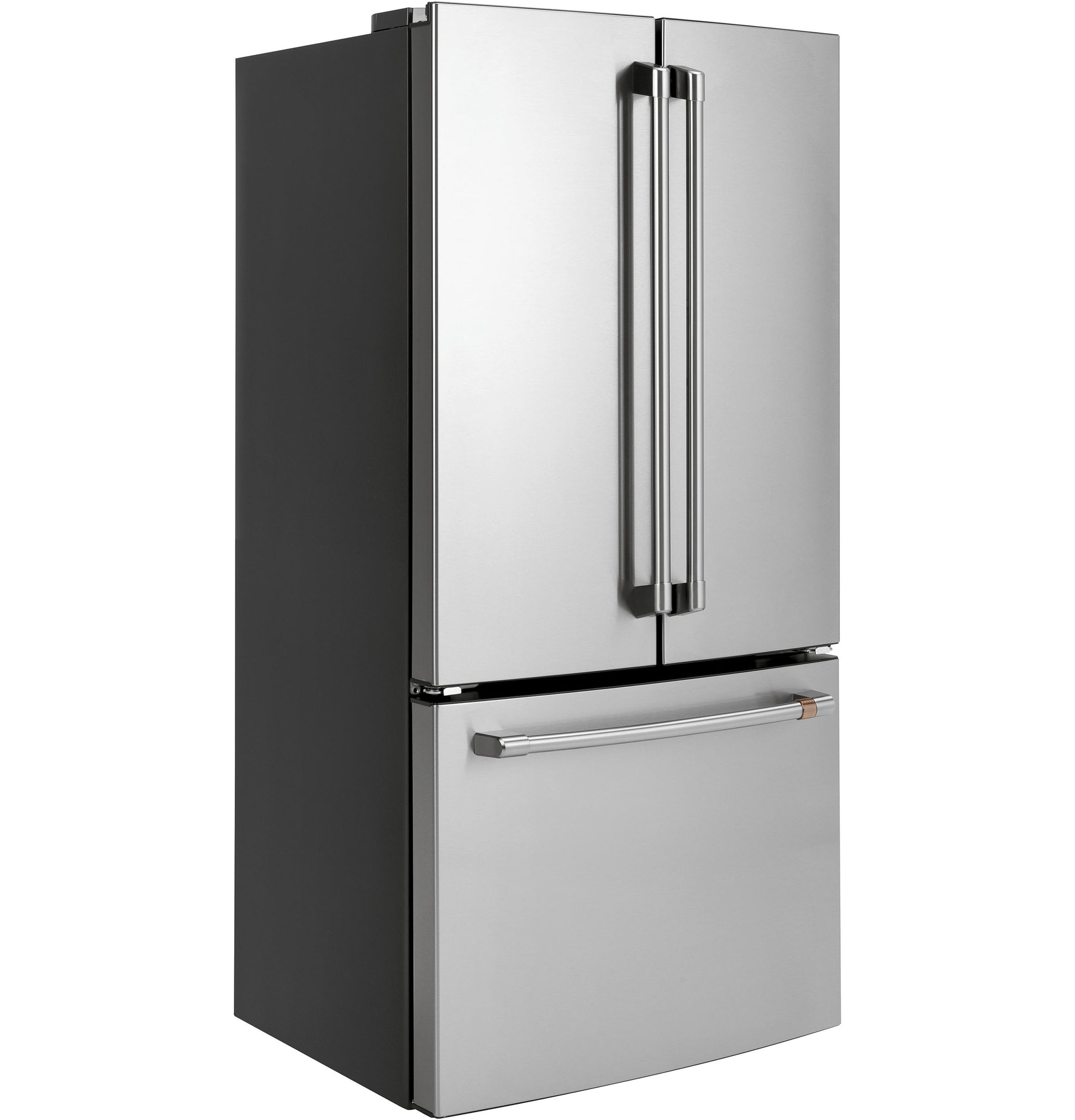 Counter-depth French-door refrigerator in stainless steel with bottom freezer and sleek handles in appliances collection