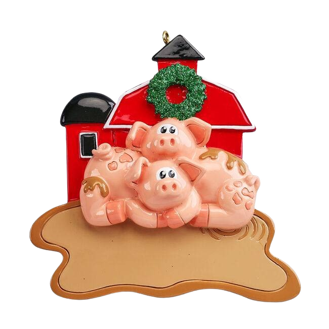 Playful muddy pigs in front of red barn decorated with green wreath from Christmas Ornaments & Tree Decorations collection