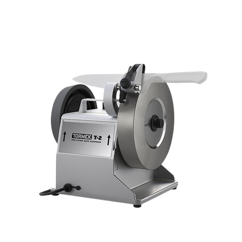 Compact metal kitchen knife sharpener with grinding wheel and adjustable sharpening guide for precise blade honing