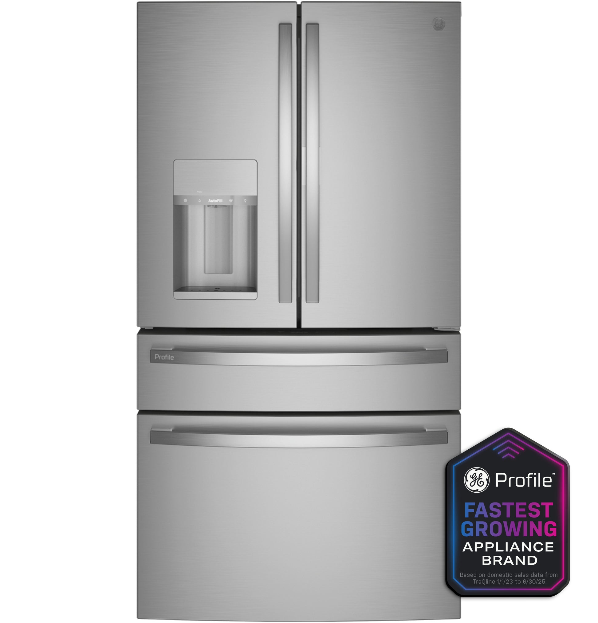Smart fingerprint-resistant French door refrigerator with water dispenser and dual freezer drawers from kitchen appliances collection