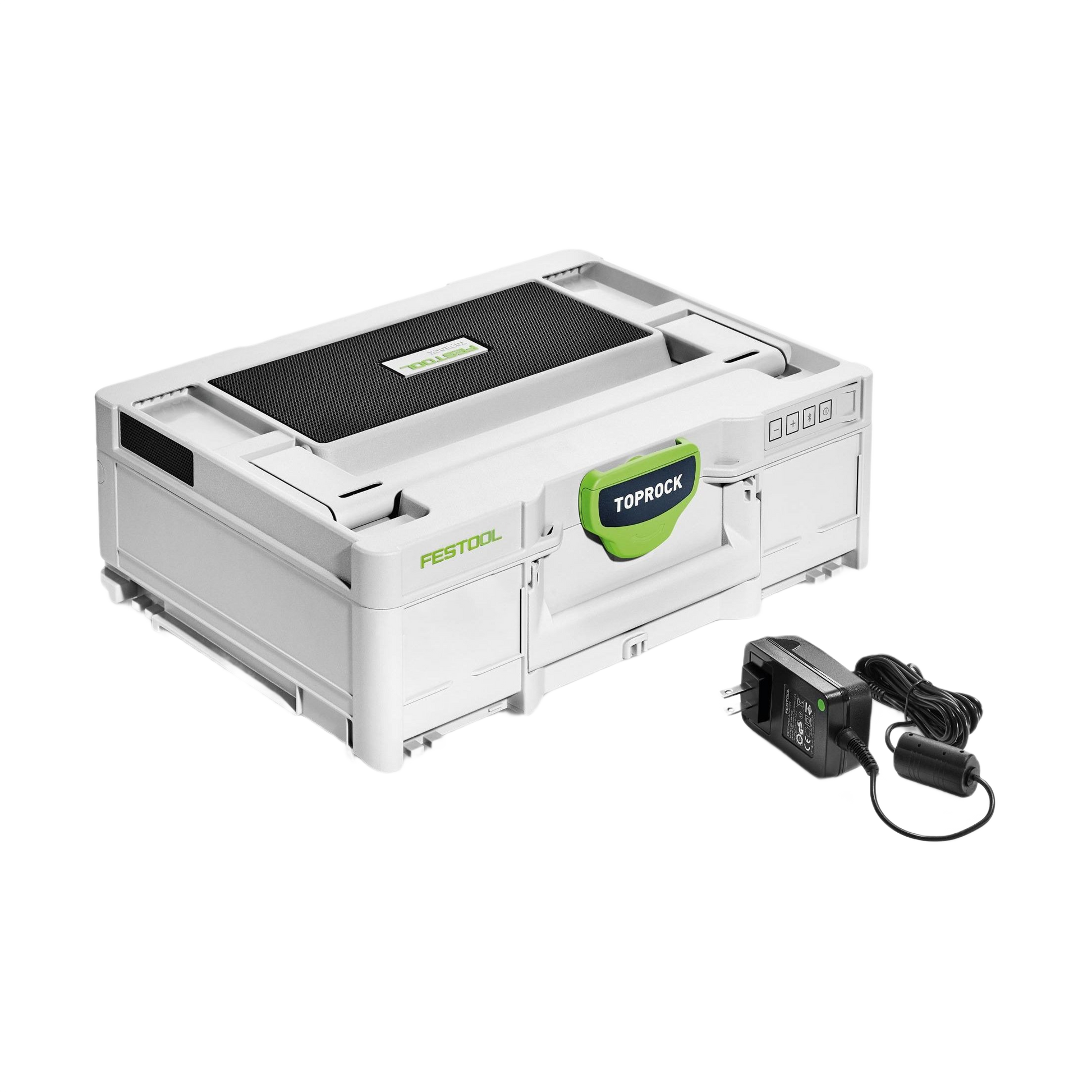 Compact Bluetooth speaker in protective case with charging adapter for use in tools and home improvement projects
