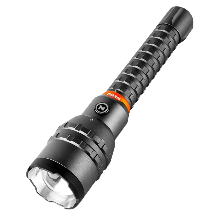 Black rechargeable flashlight with textured grip and orange accent band for tools and home improvement tasks