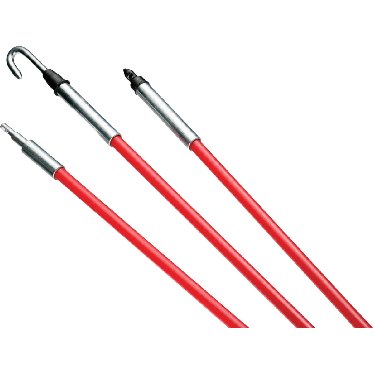 Set of three red fiberglass fish sticks with metal hooks and tips designed for tools and home improvement use
