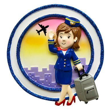 Female flight attendant figurine in blue uniform with luggage and airplane silhouette for Christmas tree décor under $50