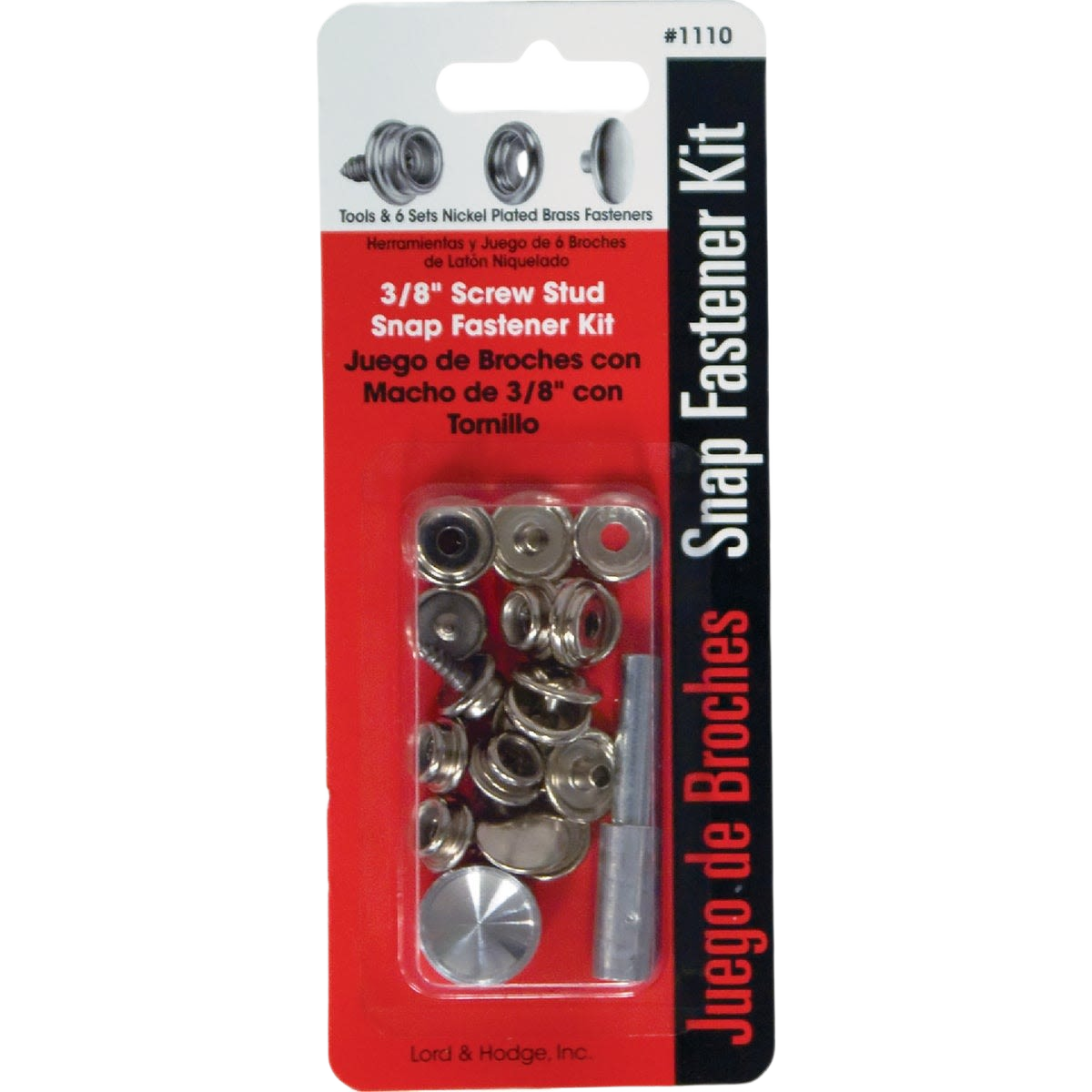 Metal snap fastener kit with nickel-plated brass fasteners and installation tool for canvas and hard surfaces