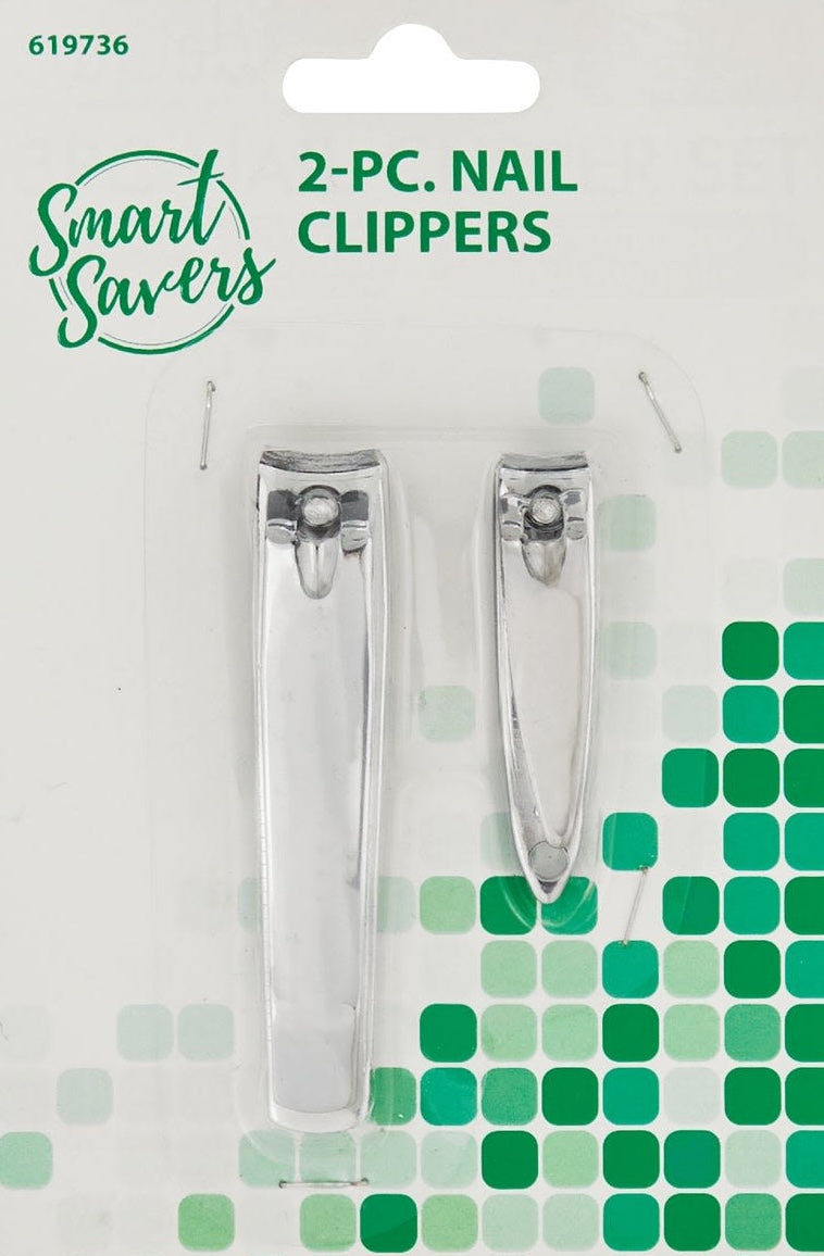 Two silver metal nail clippers in large and small sizes on white and green patterned packaging from Health & Beauty collection.
