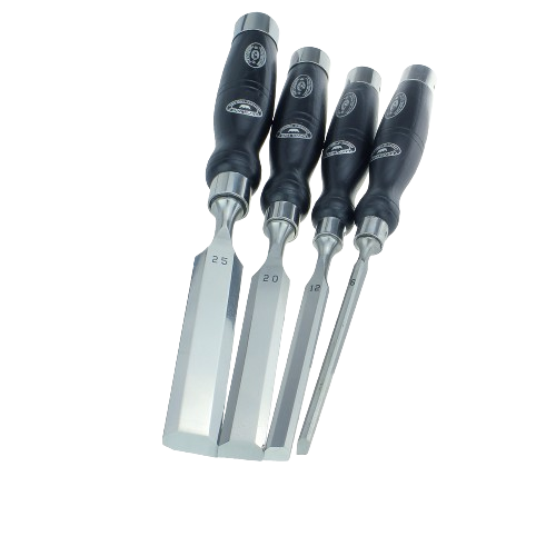 Set of four black-handled bench chisels with polished steel blades for woodworking and home improvement tasks
