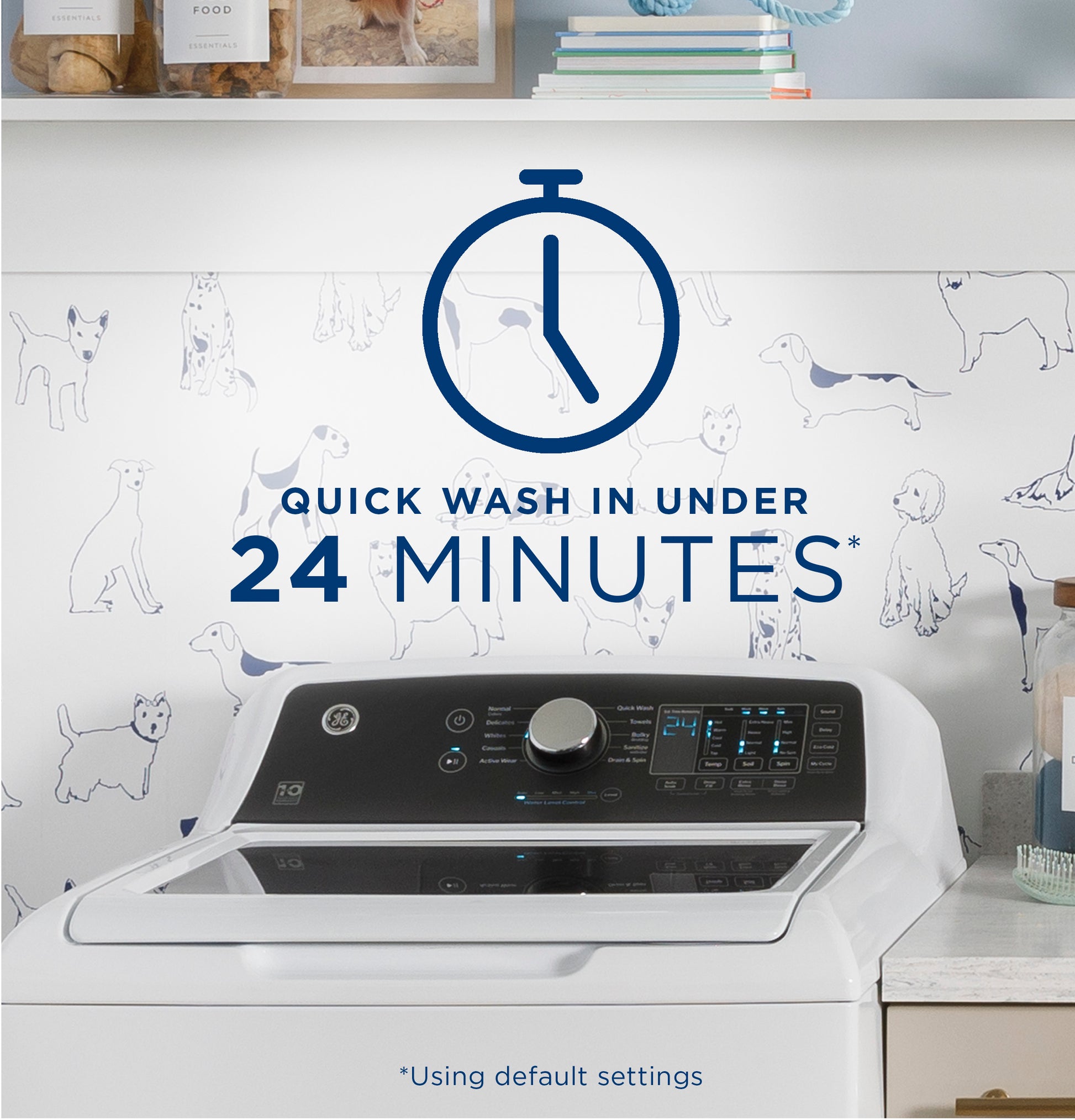 Top load washer with digital controls in a kitchen setting, highlighting quick wash cycle under 24 minutes.