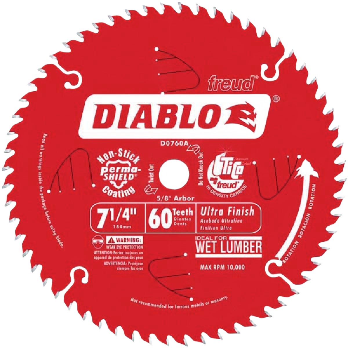 Red 7-1/4 inch circular saw blade with 60 teeth, designed for ultra finish cuts on wet lumber in home improvement projects.