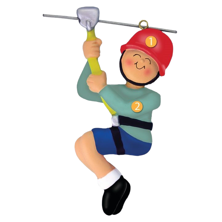 Cheerful male zipliner ornament wearing red helmet and blue shorts for Christmas tree decor under $50 collection