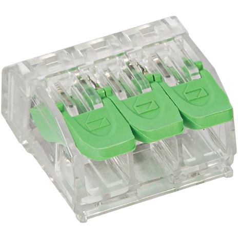 Compact clear electrical push-in connector with green levers for secure wire connections in electrical and home improvement tasks under $50