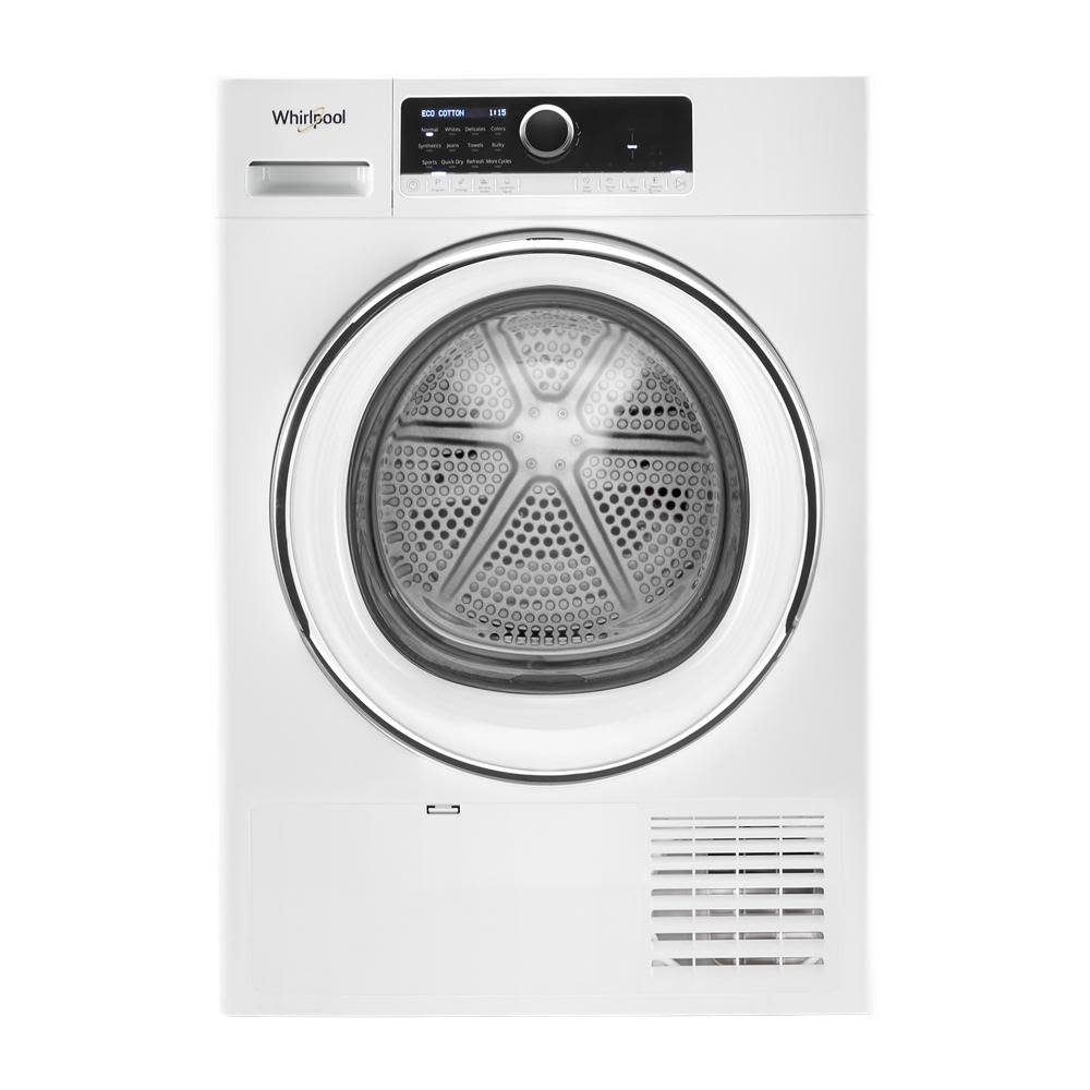 Front view of a white ventless dryer with digital display and control knob in washers and dryers collection