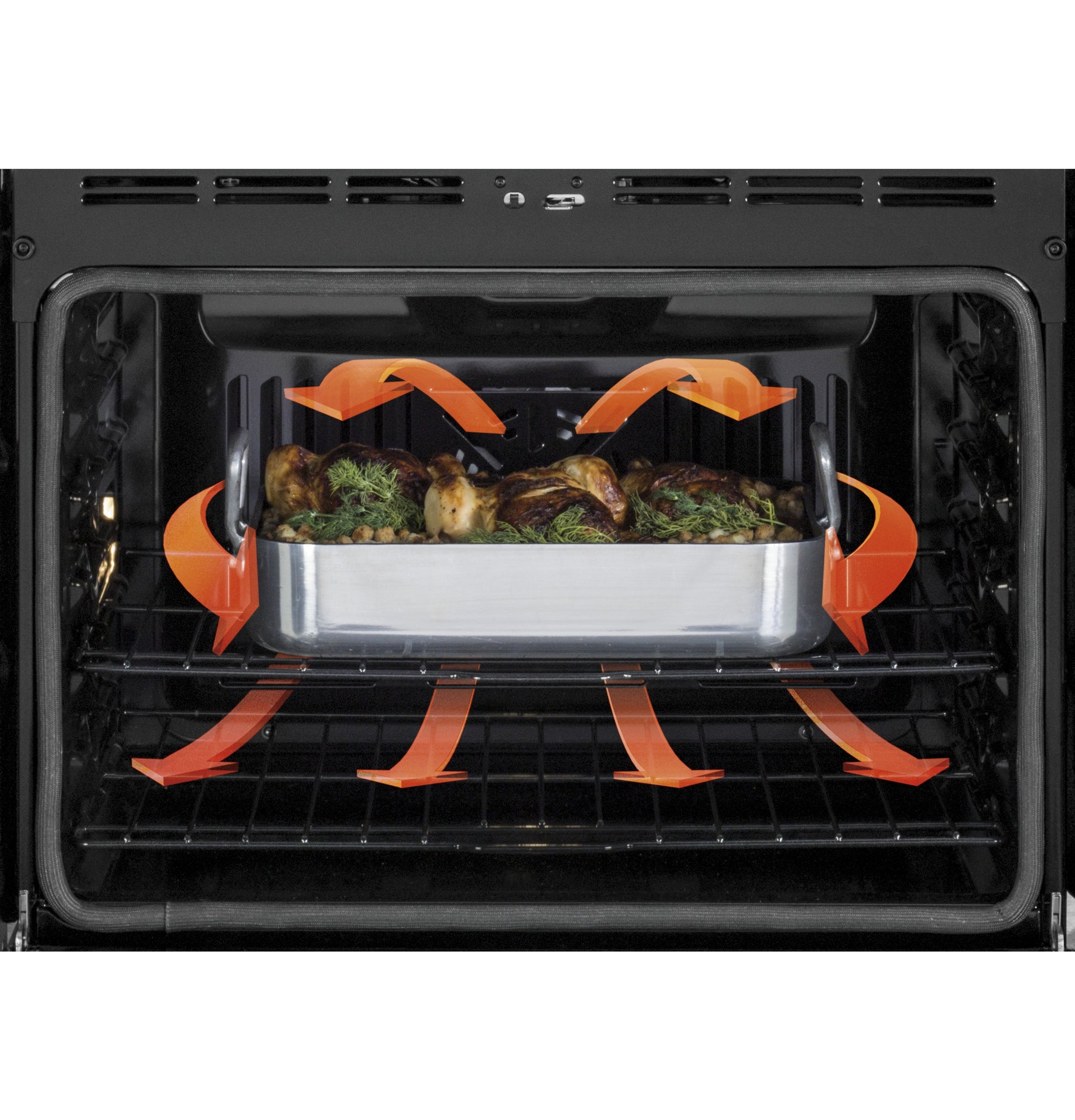 Interior view of built-in convection oven with roast and airflow arrows in kitchen appliance setting