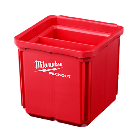 Red durable storage bin with compartments for organizing tools in workshop and jobsite storage solutions