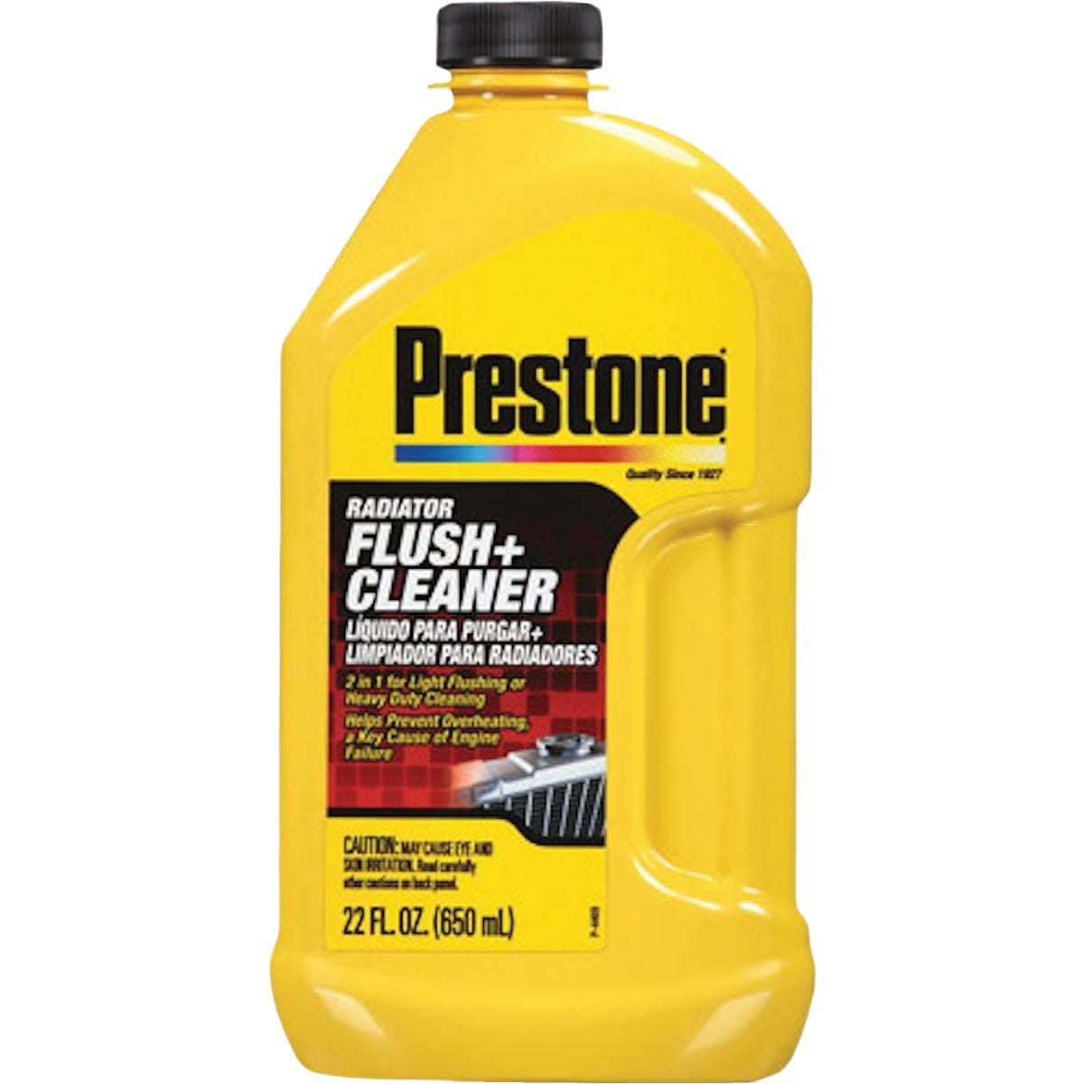 Yellow plastic bottle of radiator flush and cleaner for automotive cooling system maintenance and fluid care