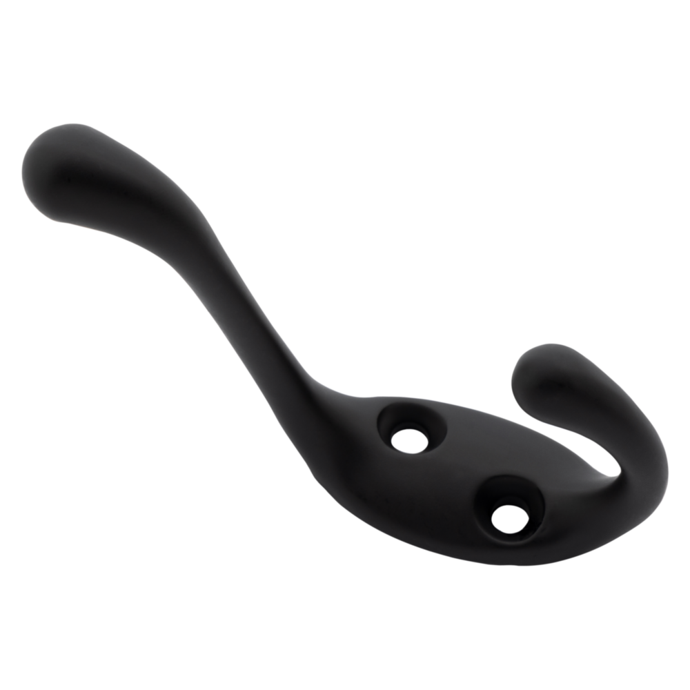 Matte black heavy duty coat hook with dual hooks for hanging in door and window accessory collections under $50
