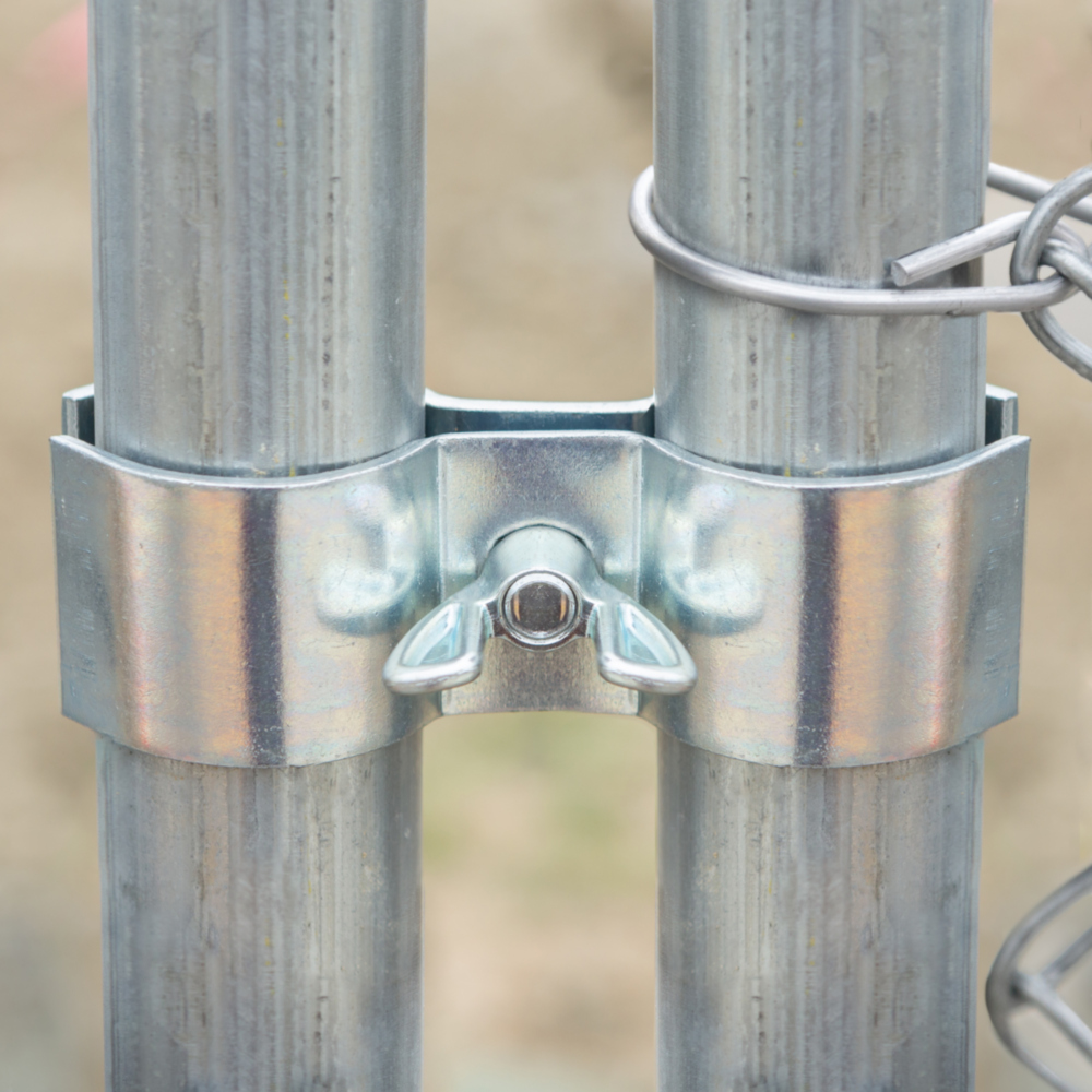 Zinc plated steel universal pipe clamp with wing nut securing two metal pipes for electrical and home improvement fittings