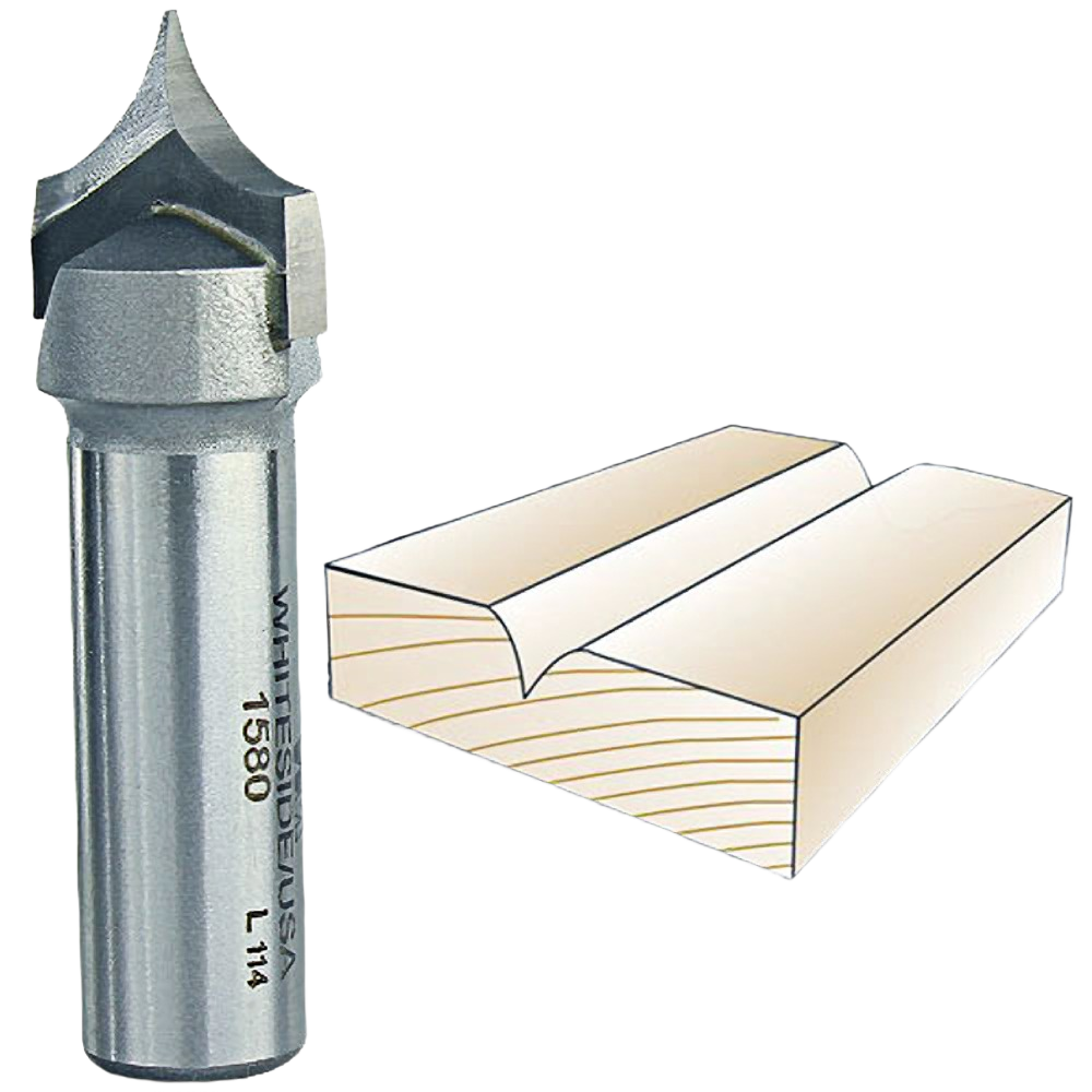 Metal Whiteside woodworking bit with sharp cutting edges and a sample cross-section of rounded wood molding shape