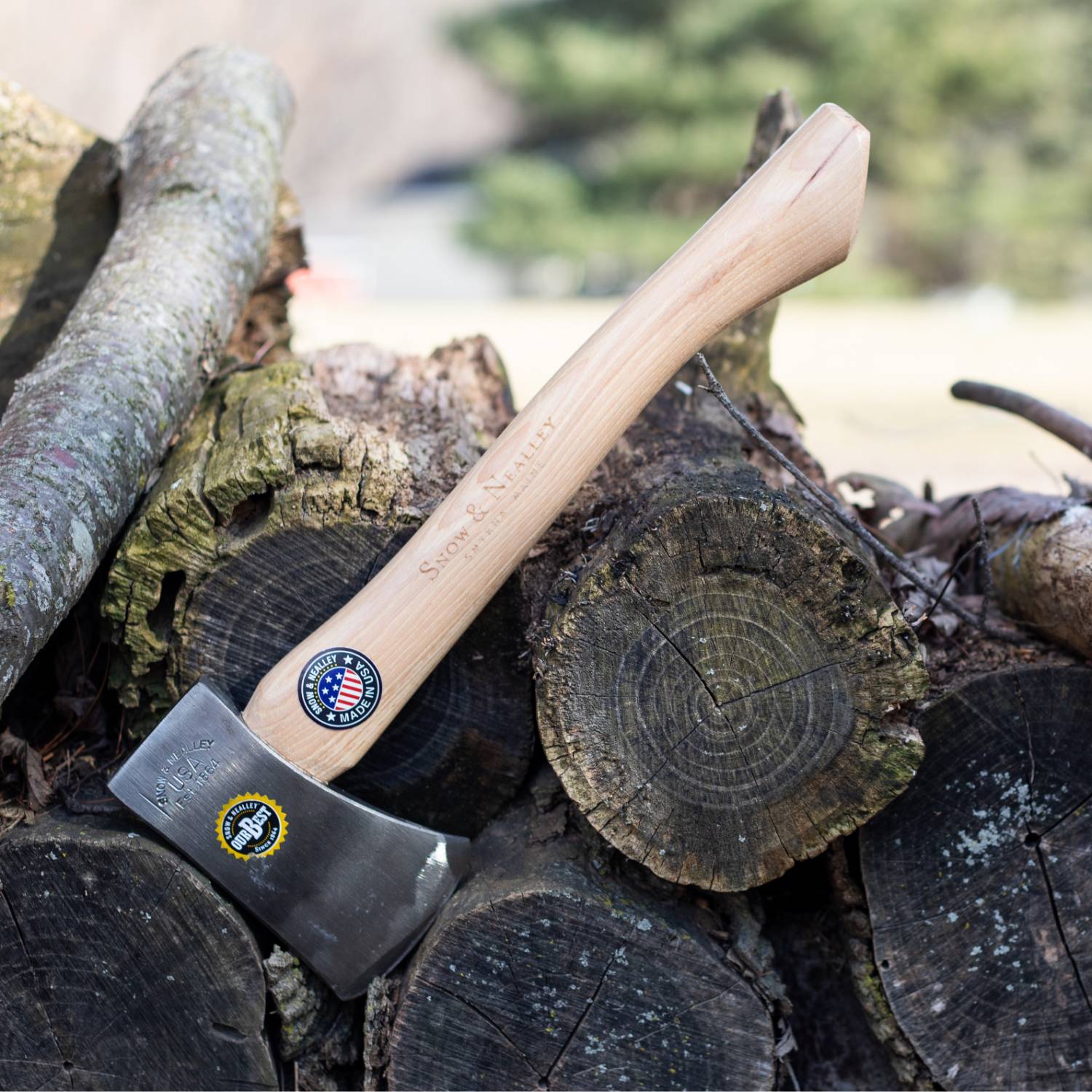 Hand axe with smooth wooden handle and stamped steel head resting on stacked firewood for tool accessories collection
