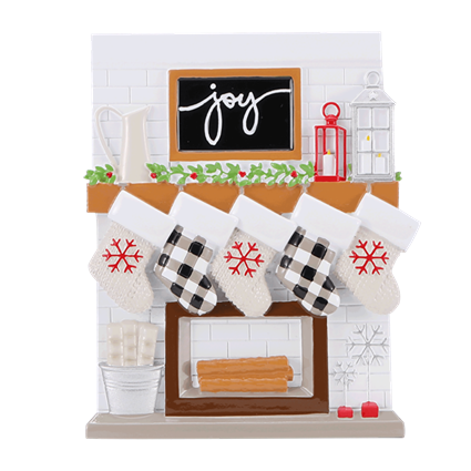 Christmas ornament depicting a cozy fireplace mantle with five personalized stockings and holiday decorations under $50 collection