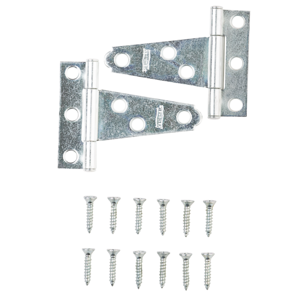 Pair of zinc-plated 2-inch light duty T-hinges with screws for home improvement door hardware under $50