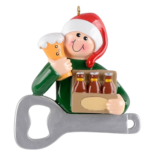 Cheerful figurine in Santa hat holding a six-pack and beer glass with silver bottle opener Christmas ornament under $50 collection