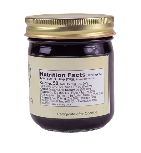 Glass jar of black raspberry jelly with nutrition facts label in Jams & Jellies and Under $50 collections