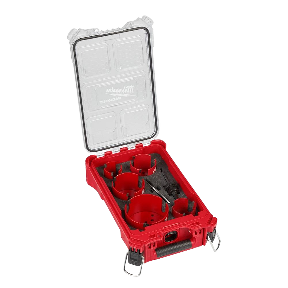 Compact red Milwaukee hole saw kit with clear lid, organizing multiple woodworking tools for home improvement tasks