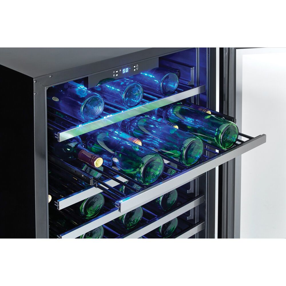 Modern black single-zone wine cellar with blue LED lighting and open sliding metal racks in kitchen appliances collection