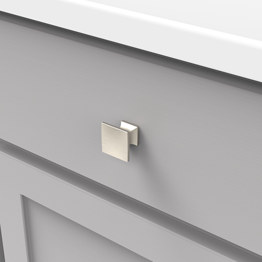 Square satin nickel cabinet knob with brushed finish on gray cabinet in hardware and furniture accessories collections under $50