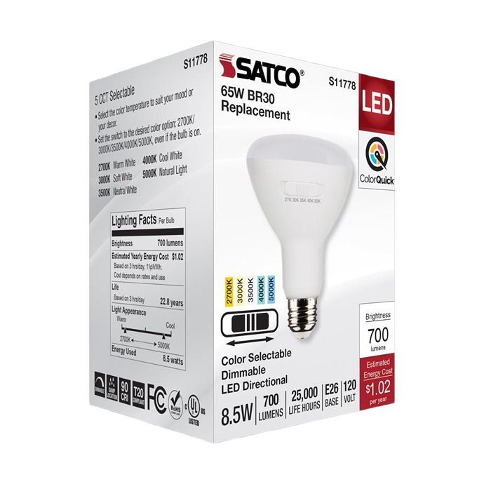 Satco 8.5 watt BR30 LED bulb with adjustable color temperature, medium base, dimmable, 700 lumens for home lighting