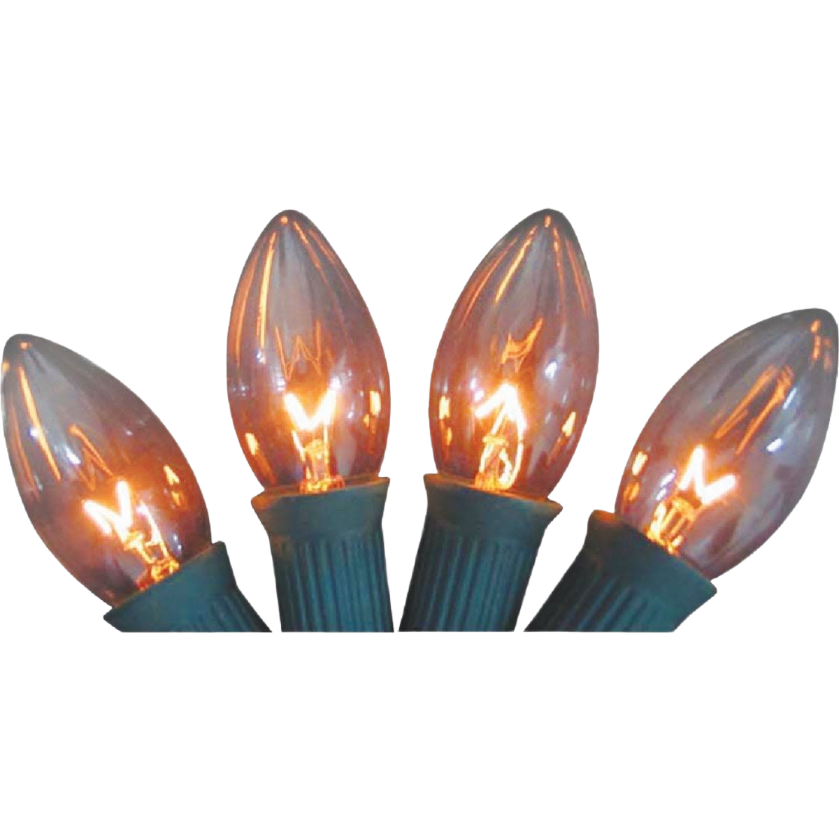 Four warm glowing C9 style replacement bulbs on green Christmas light sockets for holiday decoration lighting.