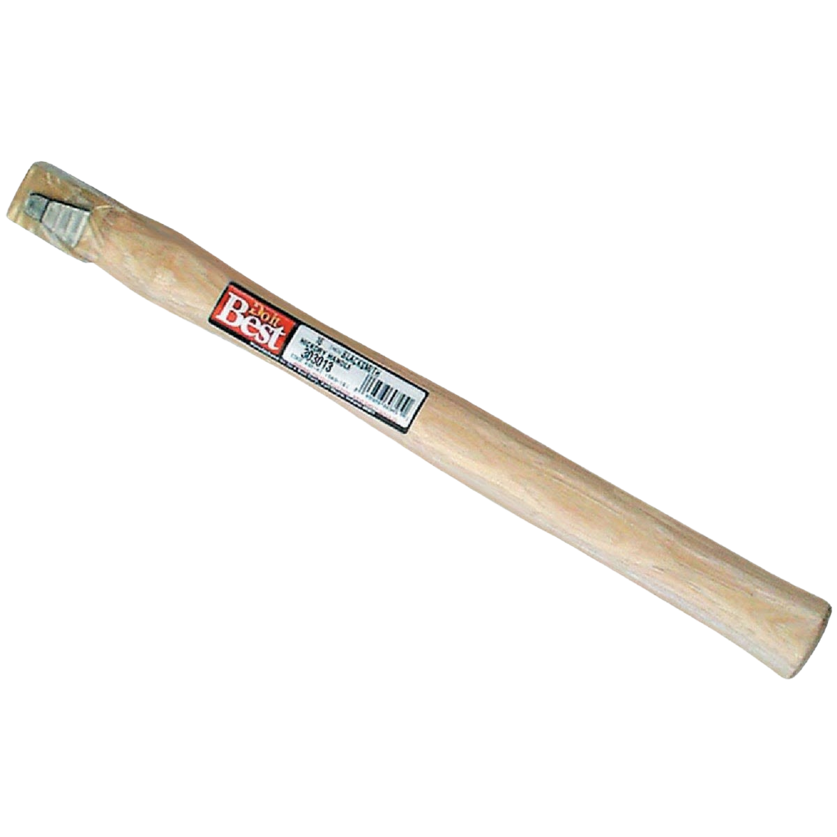 Light natural wood hammer handle with label for home improvement and blacksmithing tools replacement purposes