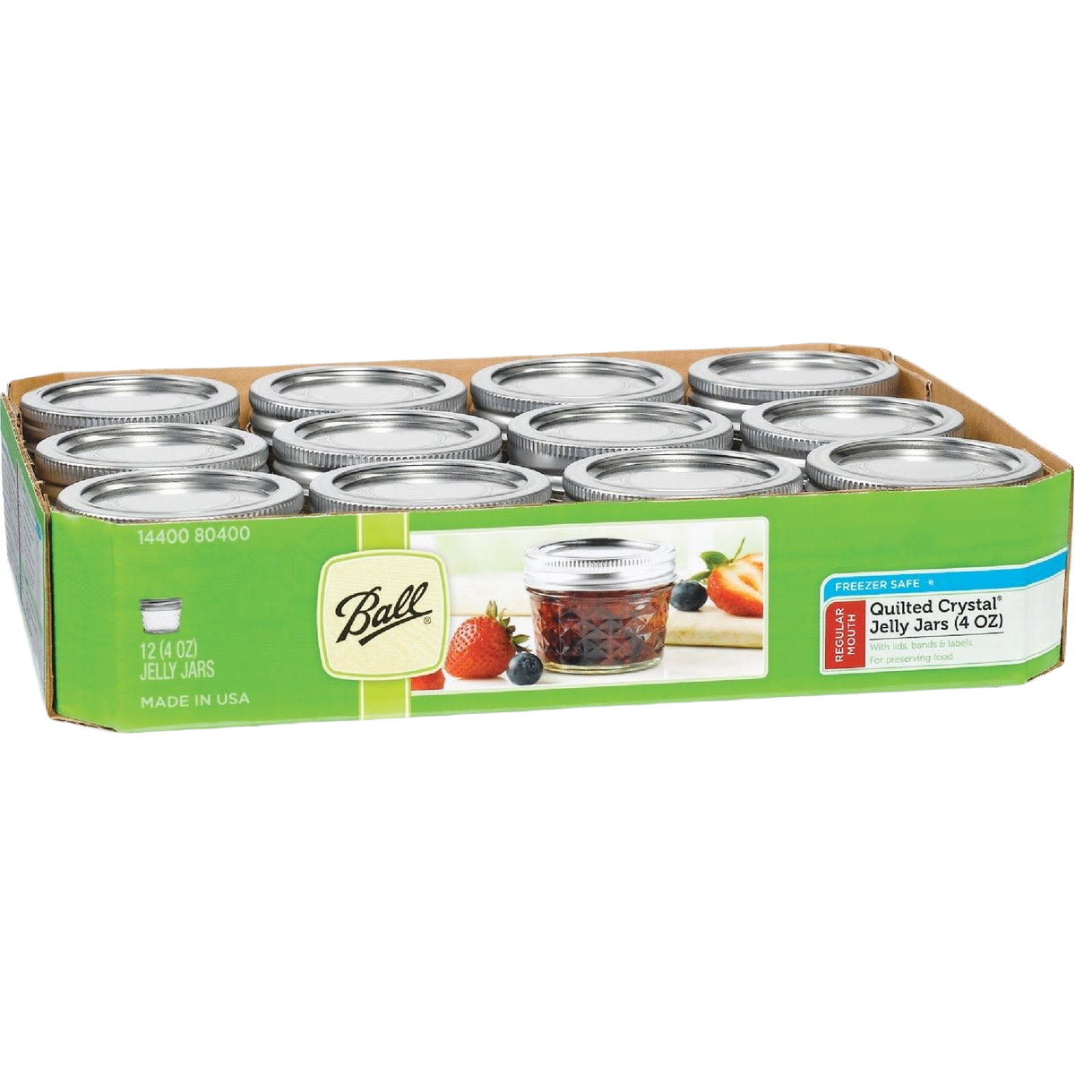 Set of 12 clear glass jars with metal lids for jam or jelly storage, ideal for home kitchen use.