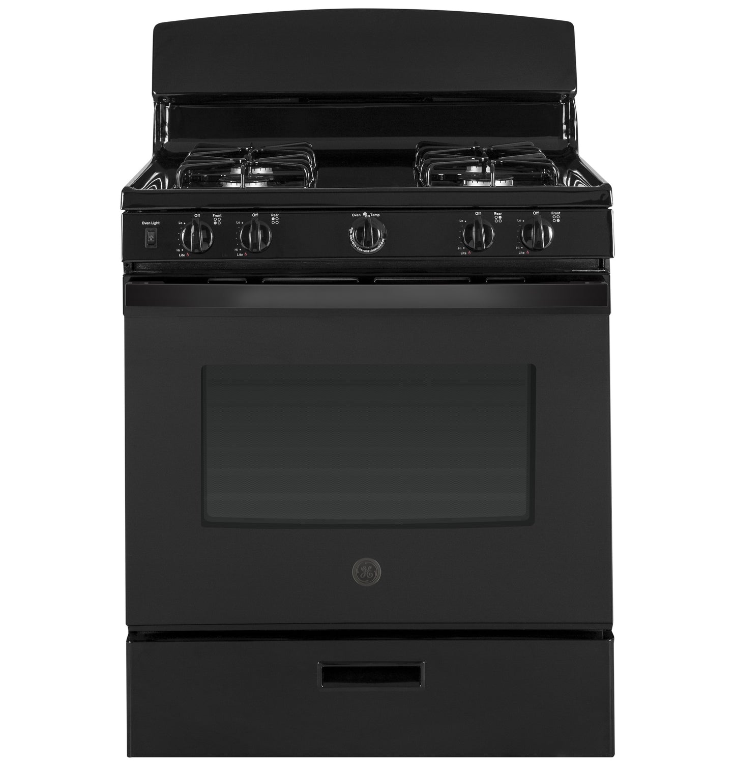 Black free-standing gas range with four burners and front control knobs in Ranges and Kitchen & Kitchenware collections