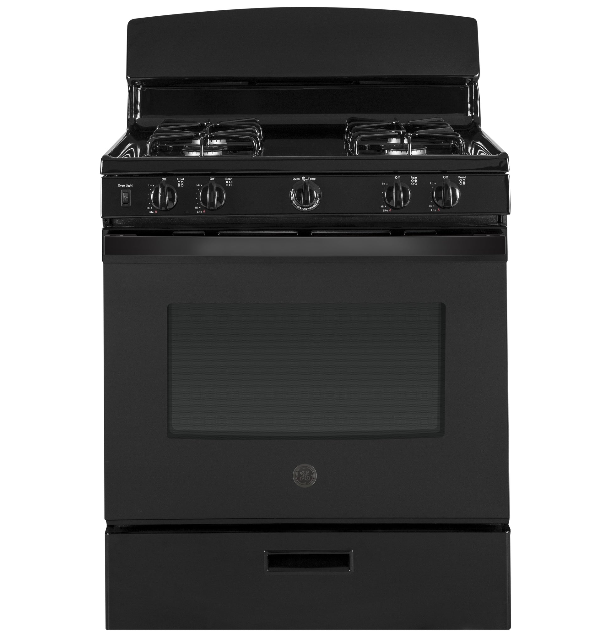 Black free-standing gas range with four burners and front control knobs in Ranges and Kitchen & Kitchenware collections