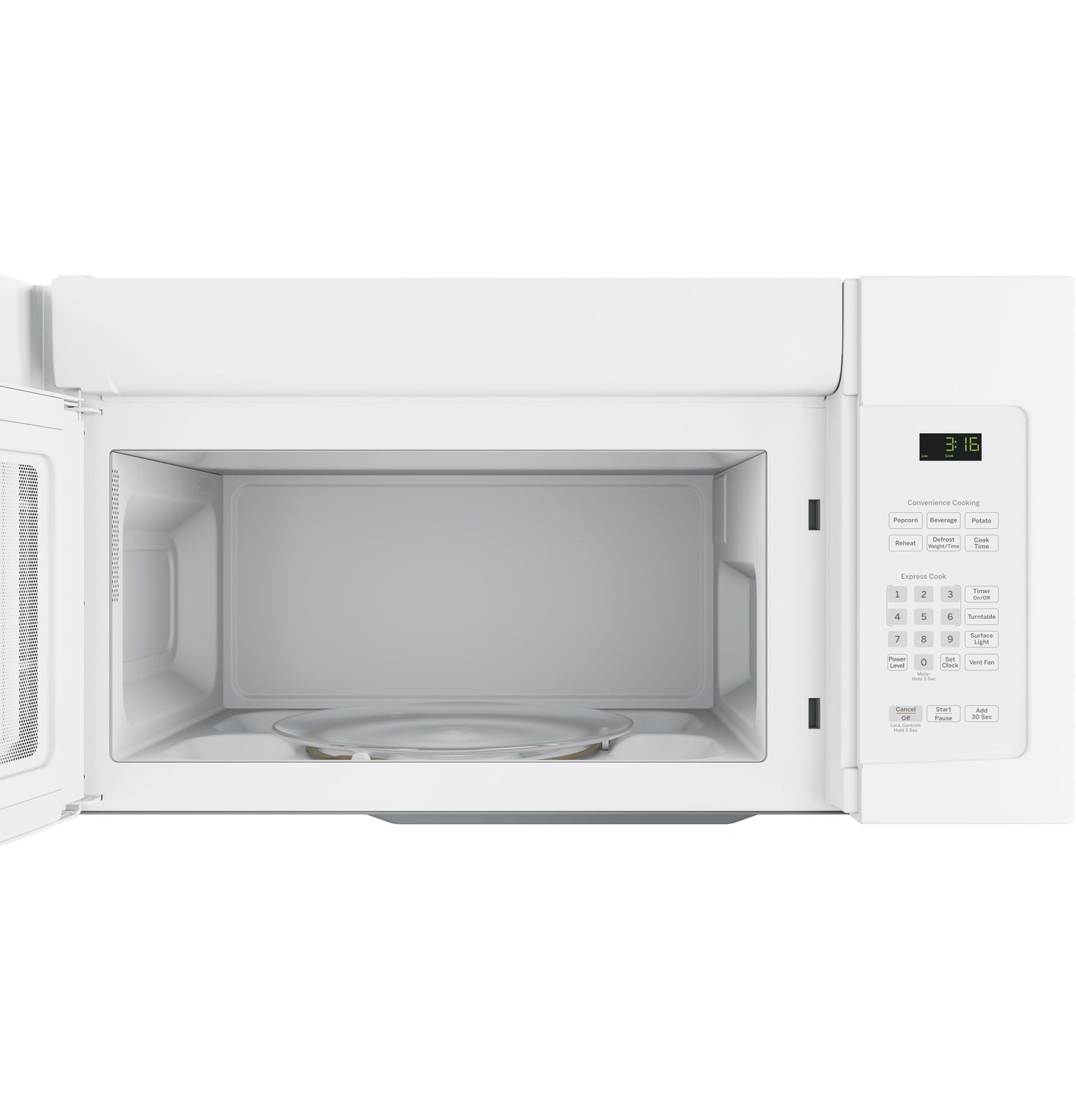 Open white over-the-range microwave interior with turntable and digital control panel in kitchenware appliances collection