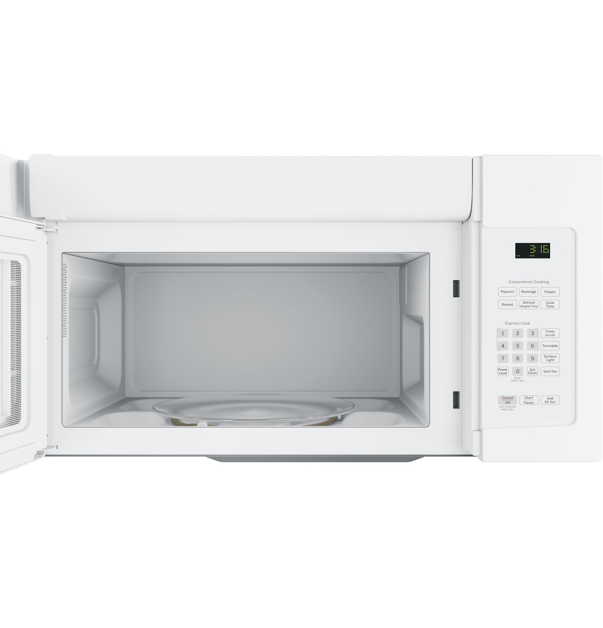 Open white over-the-range microwave interior with turntable and digital control panel in kitchenware appliances collection