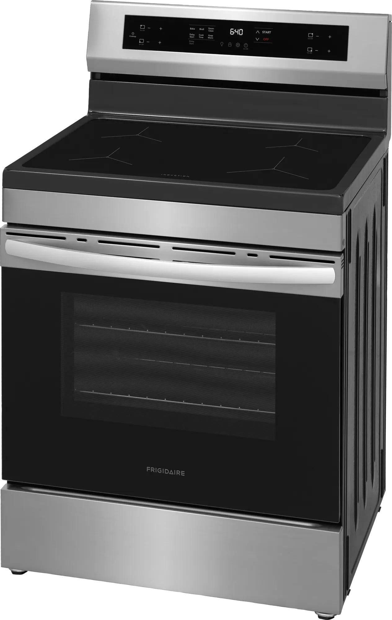 Stainless steel induction range with smooth black cooktop, rear digital controls, and oven window in kitchen appliances collection