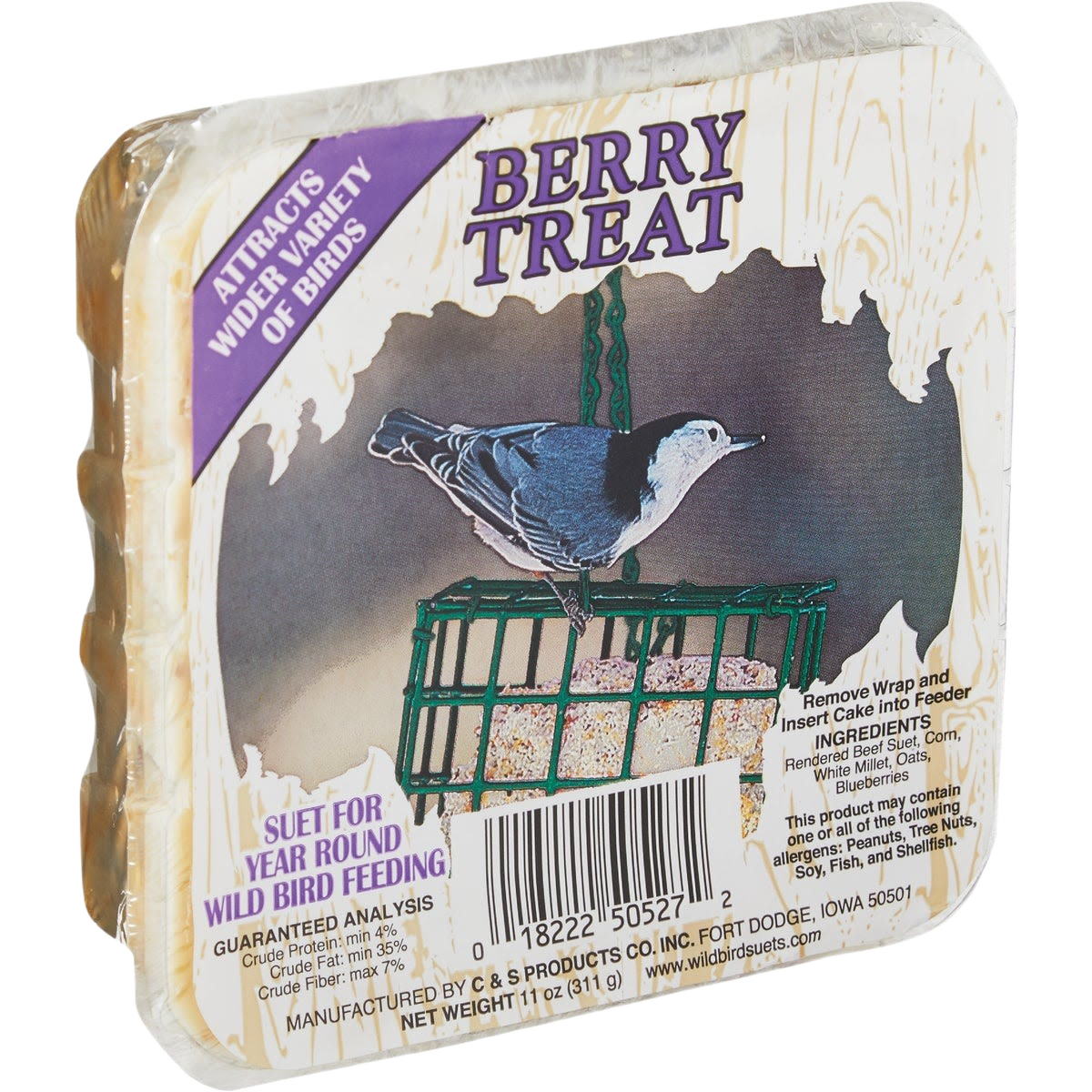 Square wild bird suet block with berry flavor in clear packaging for year-round feeding outdoors