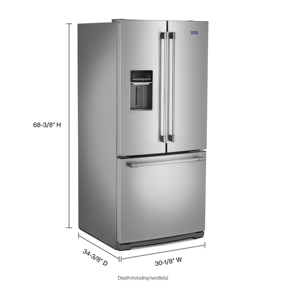 Fingerprint resistant stainless steel French door refrigerator with bottom freezer and exterior water dispenser in appliances collection
