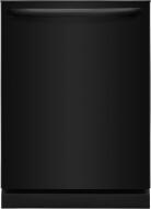 Matte black 24-inch built-in dishwasher front panel with recessed handle in modern kitchen appliance setting