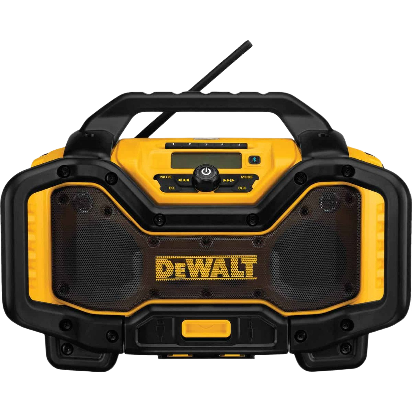 Compact yellow and black DEWALT jobsite radio charger with Bluetooth for tool accessories and power tool use