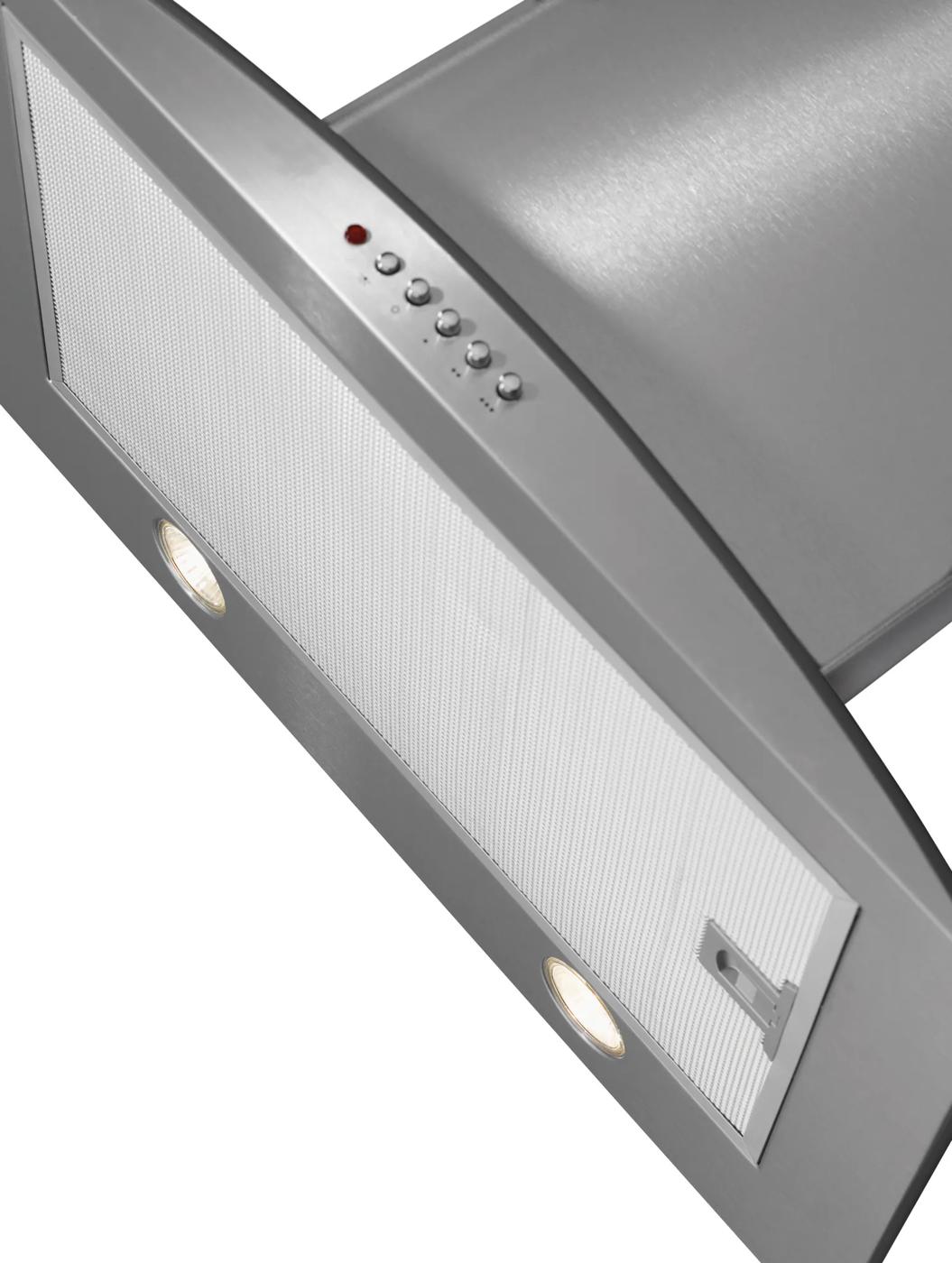 Stainless steel wall-mounted range hood with curved glass canopy and control buttons in kitchen appliances collection