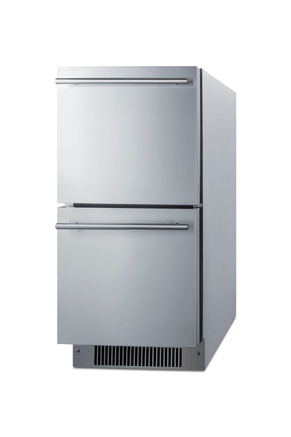 Stainless steel two-drawer refrigerator with sleek handles designed for kitchen or home improvement settings