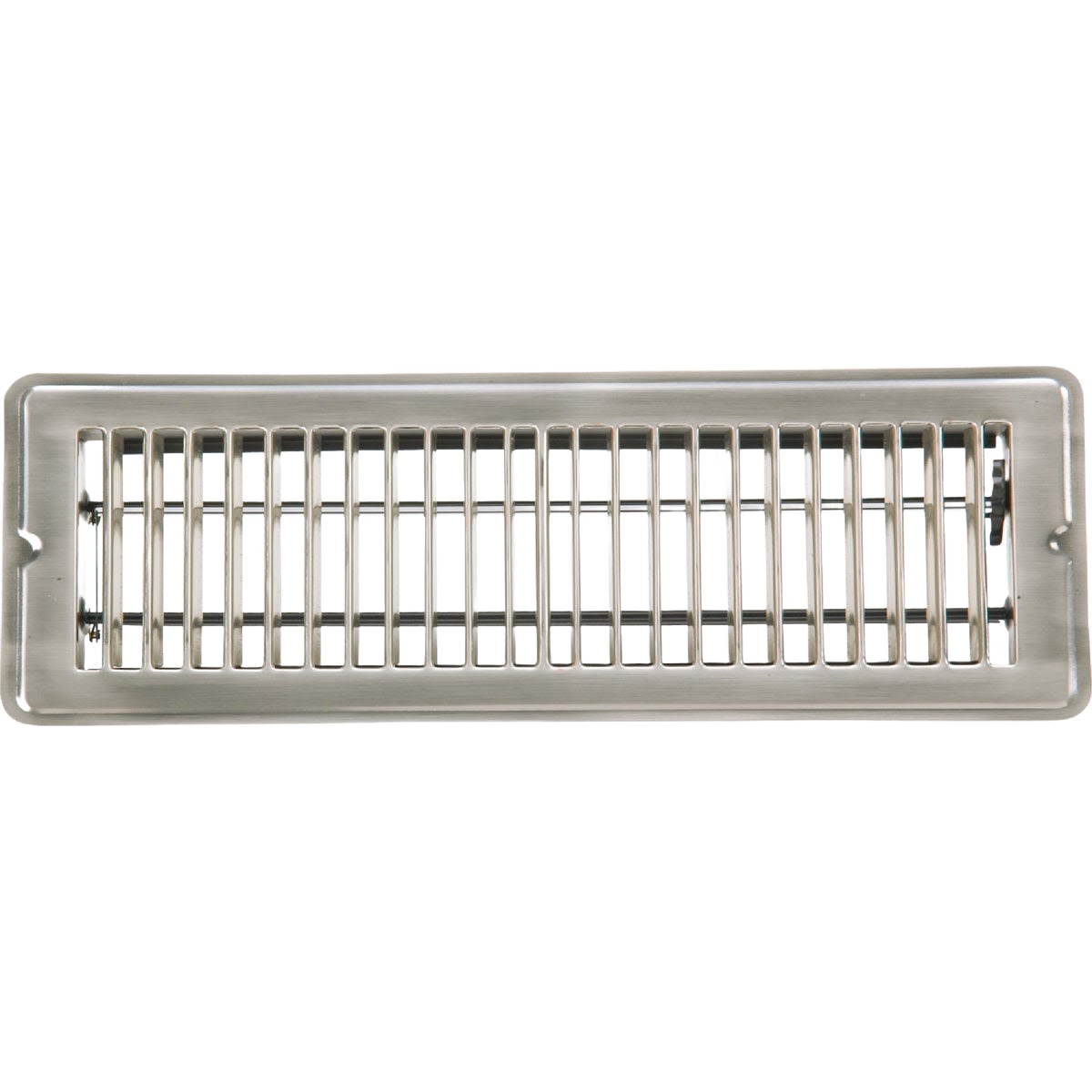 Rectangular steel floor register with satin nickel finish featuring adjustable vent for home improvement use